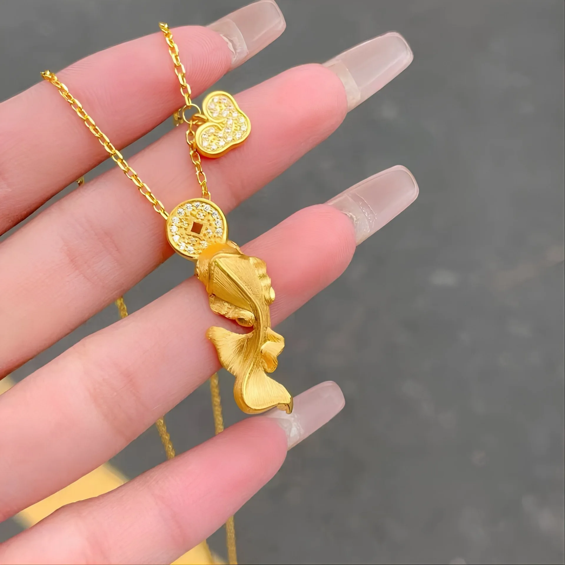 Lynge Jewelry 24K real gold coins swallowing koi fish necklace for women 9999 diamonds inlaid with versatile of wealth-winning g