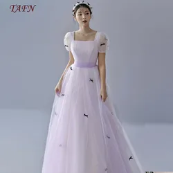 TAFN Lavanda Corea Abiti da ricevimento Colletto quadrato A-line Abito da sposa in tulle Maniche corte 2024 Francese fotografico personalizzato