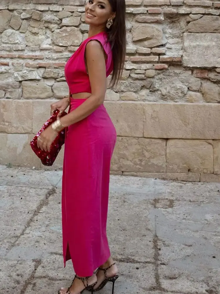 HH Women Waist Opening Design Dress Solid O Neck Sleeveless Split Dresses Slim Woman Elegant Evening Dress Vestidos Mujer