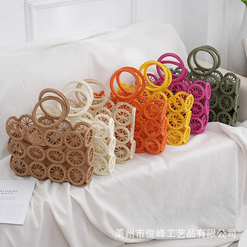 Bolsa de rueda tejida de cuerda de papel, bolso de paja de gran capacidad, hueco cruzado, circular, turismo, Playa