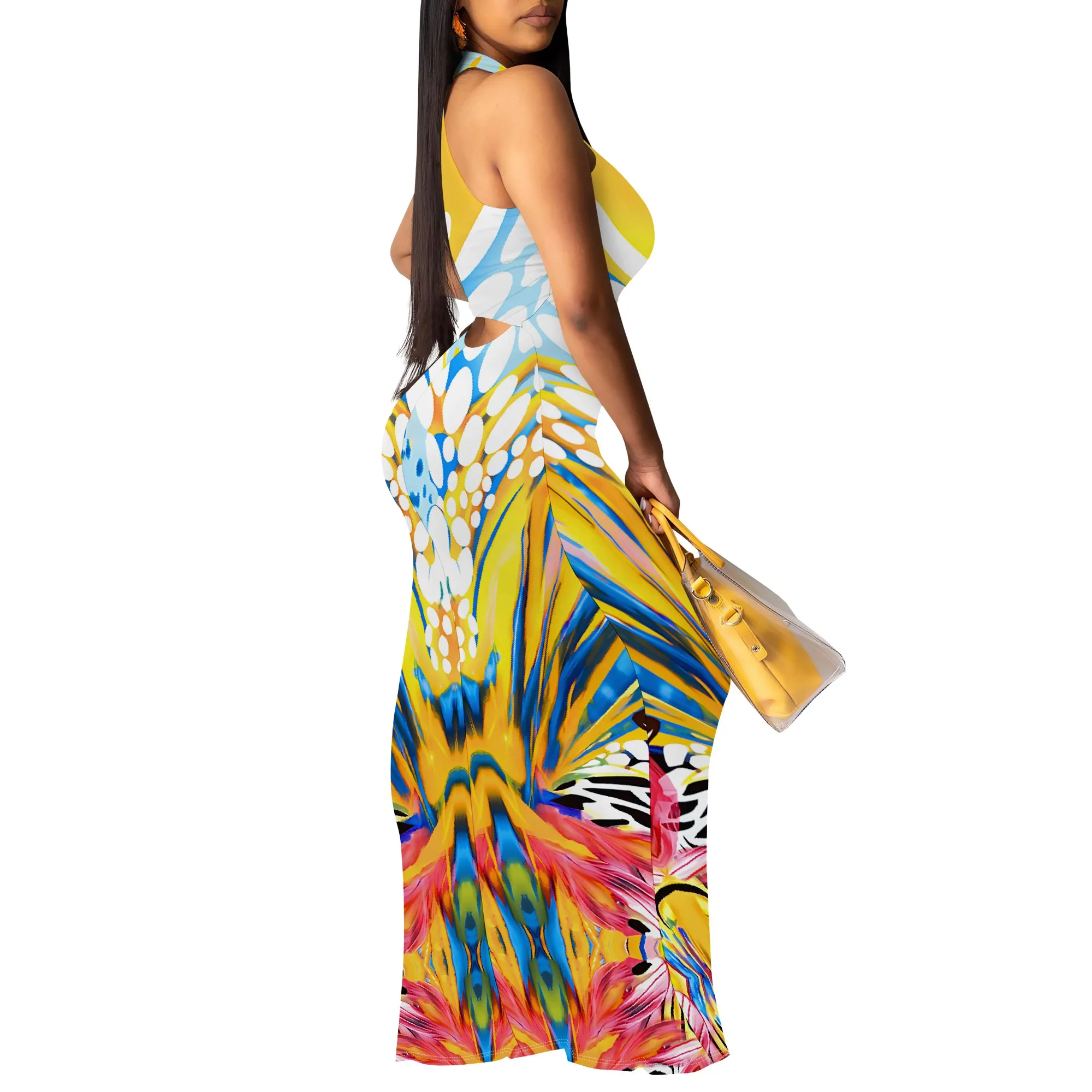 Colorful Psychedelic Print Sleeveless Halter Neck Maxi Dress Summer Bodycon Long Dress Beach Vibes