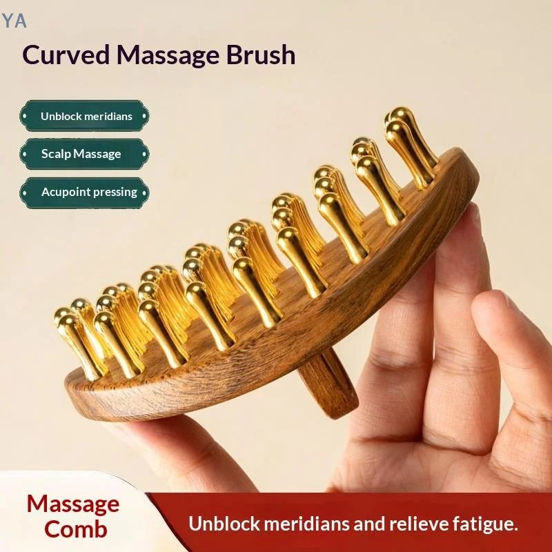 [Y]39-Tooth Solid Brass Meridian Brush Wooden Handle Massage Brush Multipurpose Beauty & Body Massage Tool
