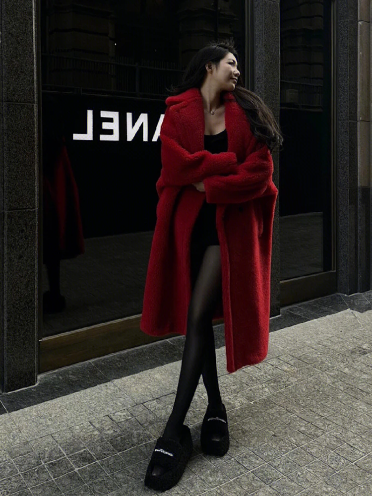 Ele Red Fur Jaet Donna Inverno Capodanno Speciale Plu Top Pendolarismo Sle Doppio Bottone Lungo Sve Cappotto Slim Fit