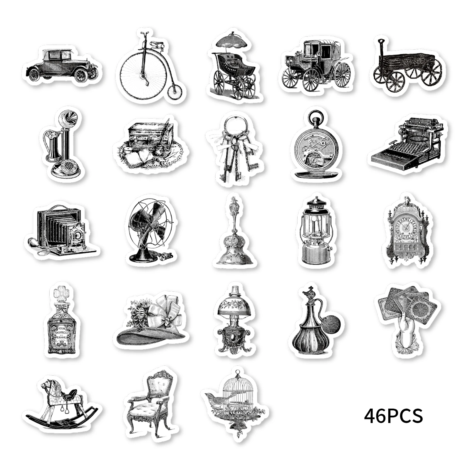 46pcs Cars, Electric Fans, Oil Lamps And Other Old Vintage Items Decorated Laptop Phone Case Water Bottle Classic Toys DIY Decal