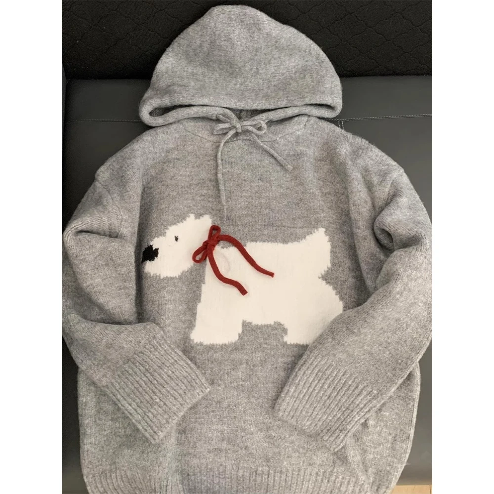 

Soft Warm Women Sweaters Dog Printing Long Sleeve Hooded Loose Knitting Hoodies 2024 Autumn New Female Casual Tops Sweatershirts