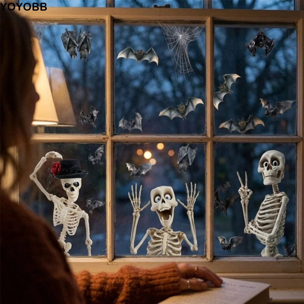 4Pcs Removable Halloween Skeleton Window Stickers Non-Adhesive PVC Bat Skeleton Static Stickers Transparent Print Spooky