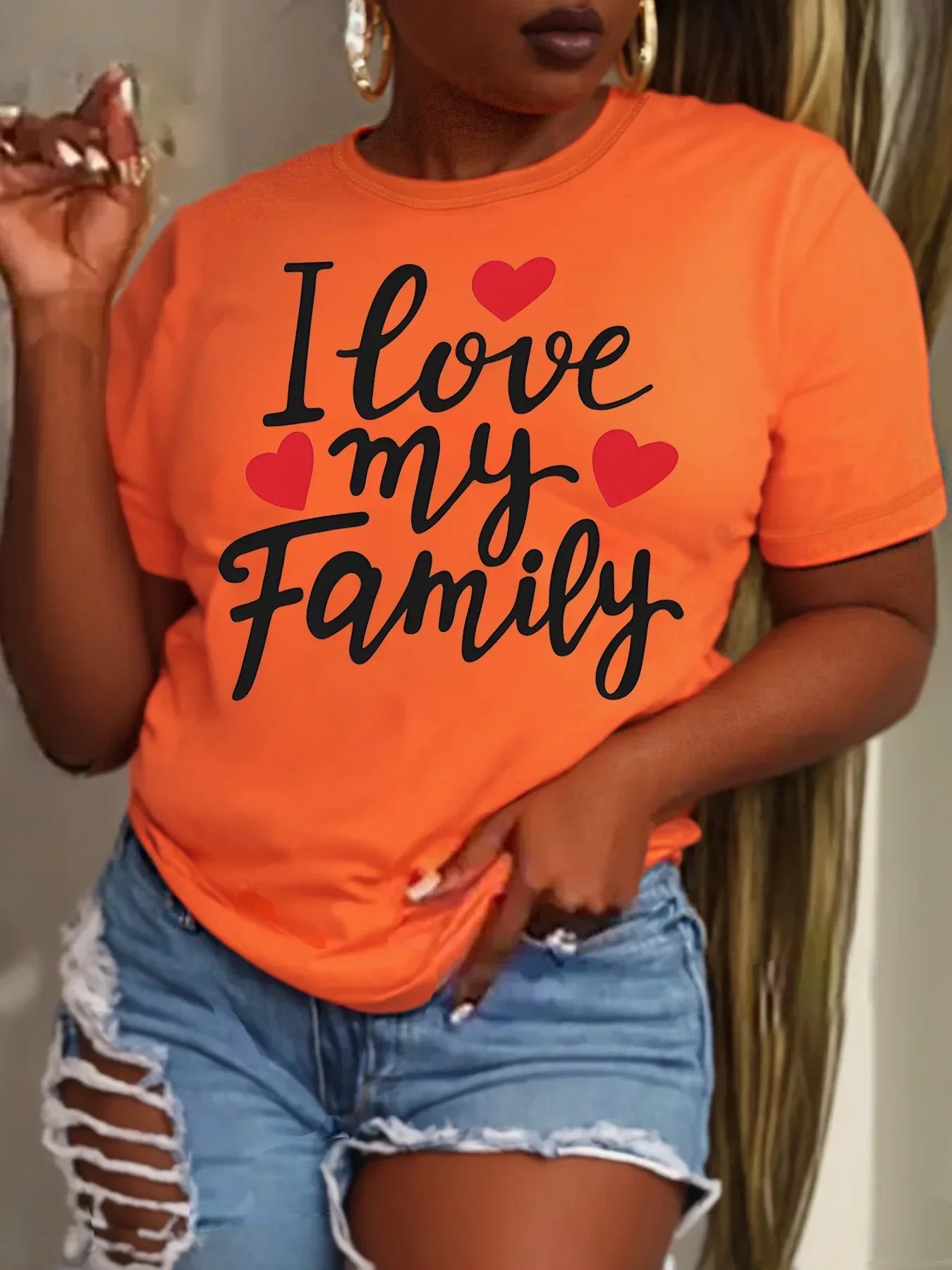 T-shirt à manches courtes et col rond pour femme, haut décontracté, avec lettres imprimées, I Love My Family, grande taille, Y2K, été