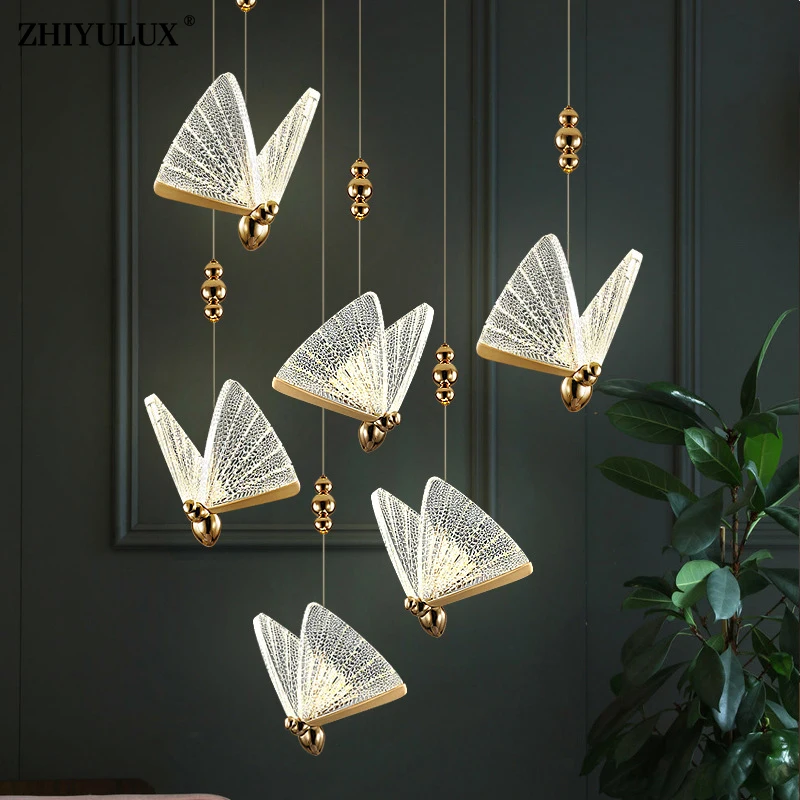 Modern Butterfly Shape Chandelier Lighting For Living Room Long Staircase Bedroom Bedside Indoor Led Lamps Fixtures