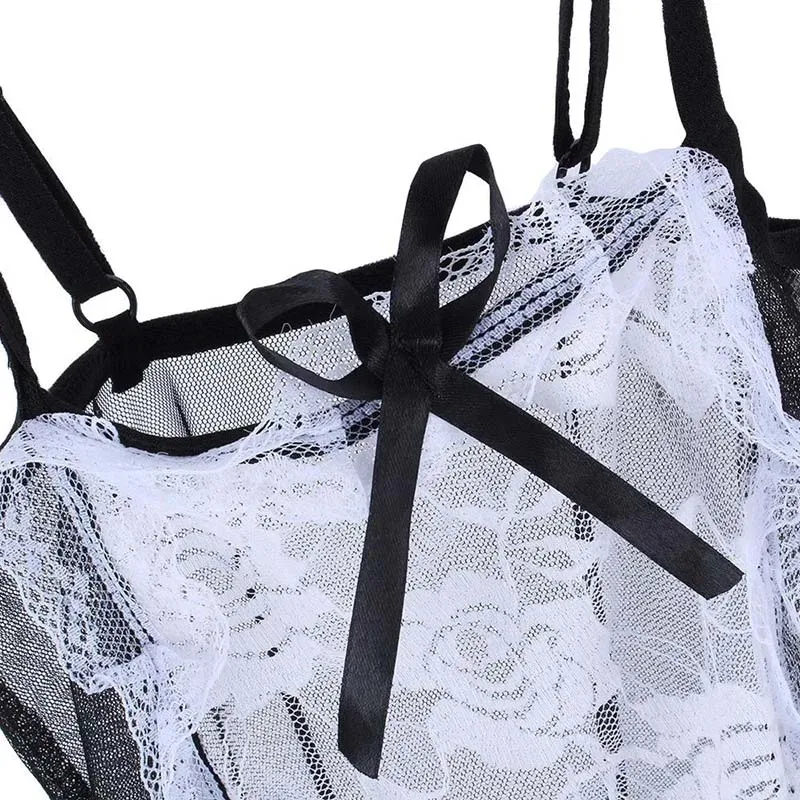 2020 새로운 활 레이스 란제리 여성 프랑스 메이드 코스프레 섹시한 란제리 뜨거운 투명 의상 에로틱 한 사랑스러운 메이드 의상