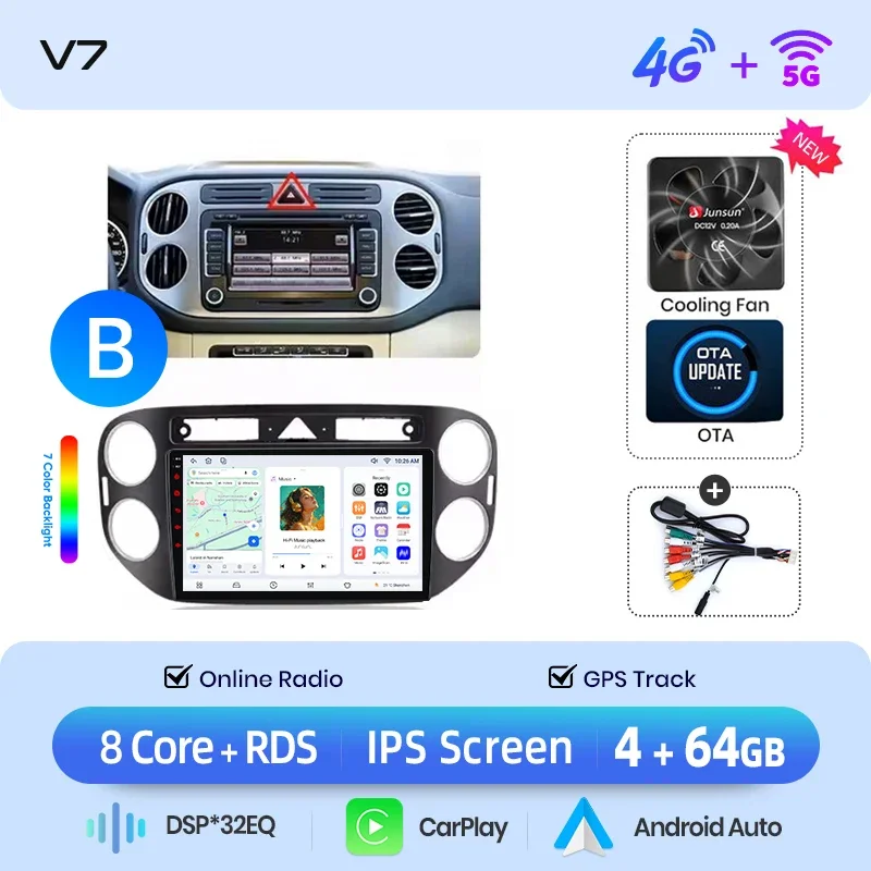 Junsun draadloze CarPlay Android Auto autoradio voor Volkswagen (VW) Tiguan Mk1 (5N) 2007-2016 met ingebouwde koelventilator, Android GPS navigatie, multimediaspeler, WiFi, DSP, RDS, BT, SWC, IPS