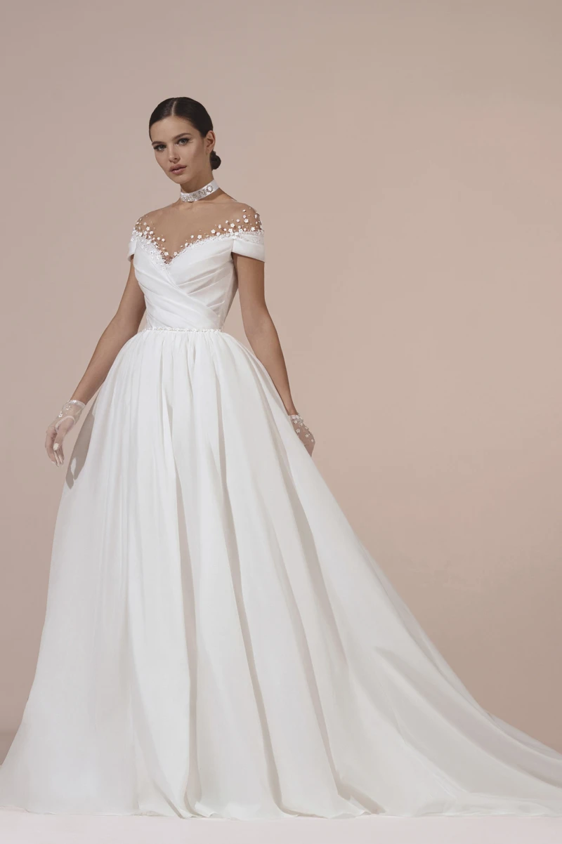 Elegante vestido de casamento cetim para mulheres, manga curta, organza linha A, personalizado para medir, apliques de renda, vestidos de noiva