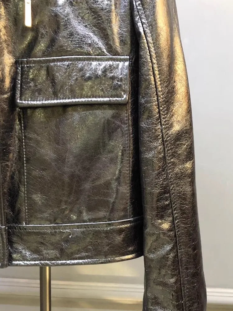 Female Top Quality New Genuine Leather Oil Wax Jacket Turndown Collar Spring Autumn Short Coat Real Sheepskin Workwear Outerwear