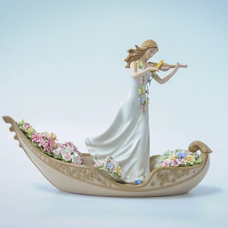 Elegant Lady Playing Violin on Gondola Porcelain Figurine Hand Painted Floral Ceramic Sculpture Home Room Decor Ornament Gift