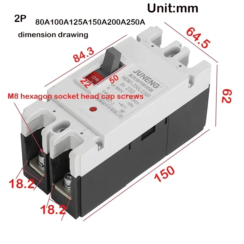 2P DC Circuit Breaker 12V -120V High Power Solar Battery Protector 80A 100A 125A 160A 200A 250A 300A Auto Overload Protection