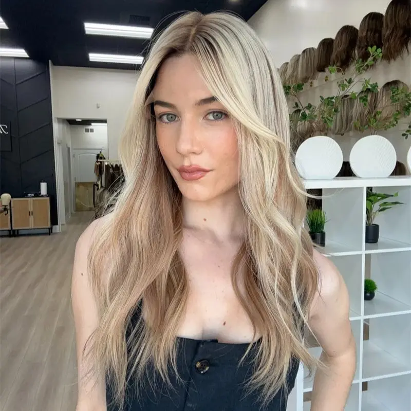 

Ombre Caramel Blonde Highlights Synthetic HD Lace Front Wig Realistic Hairline Wig Loose Wavy Blonde Hair Wig For Women 26 Inch