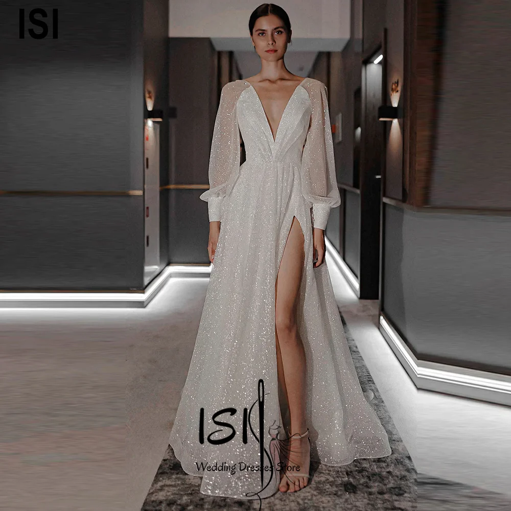 ISI Bezauberndes Brautkleid mit tiefem V-Ausschnitt, A-Linie, lange Ärmel, seitlicher hoher Schlitz, glänzendes Brautkleid, maßgeschneidert, Vestidos De Novia