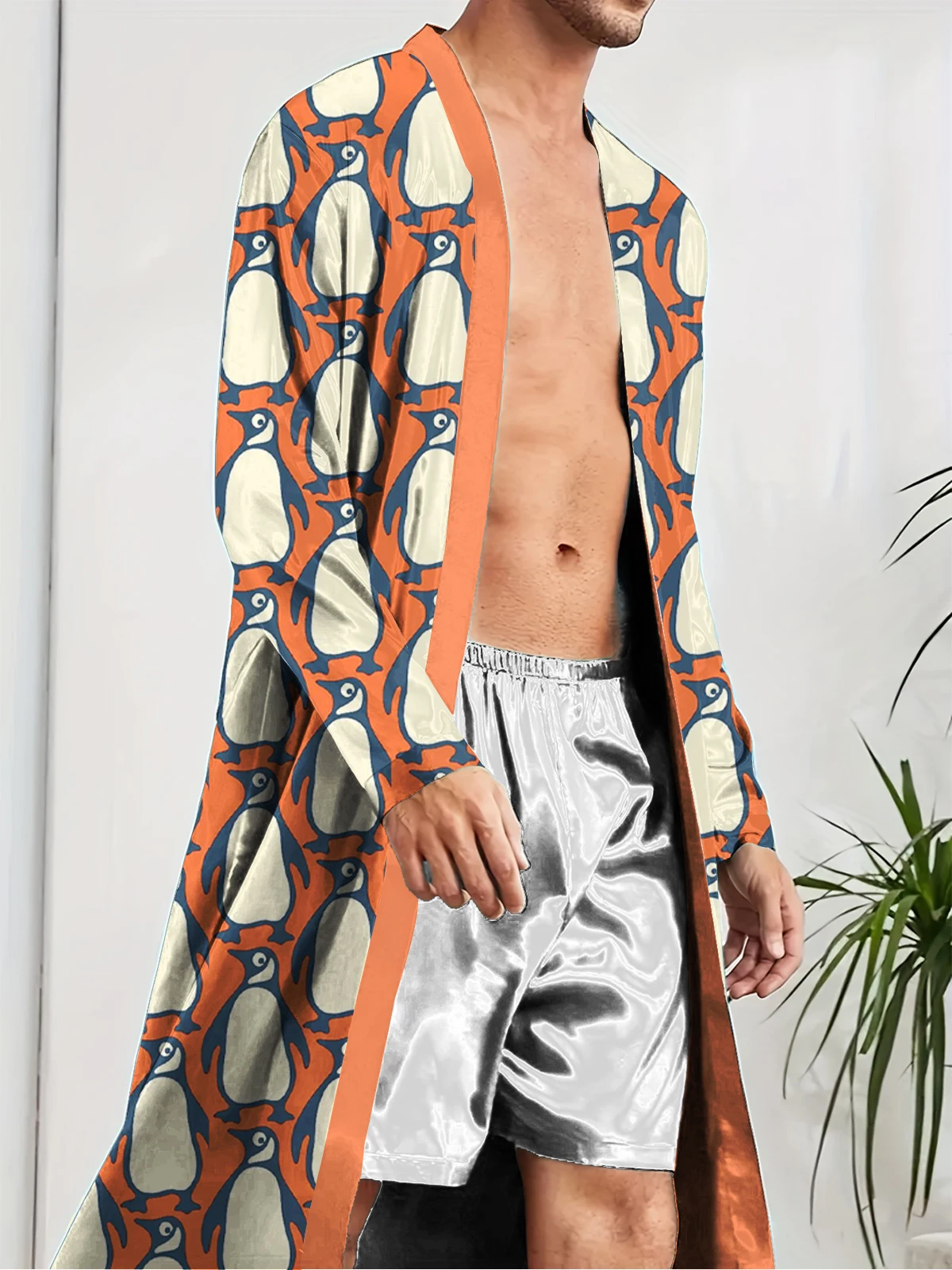 

Весенне-осенний мужской длинный халат с цифровым принтом пингвина, удобный тонкий домашний повседневный мужской халат