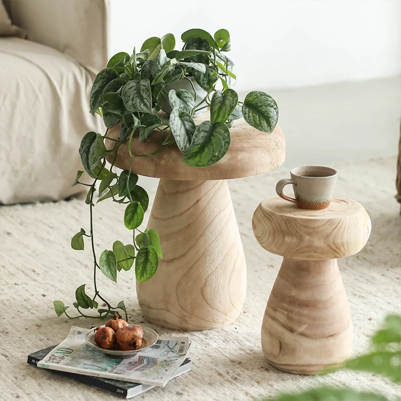 Nordic Creative Mushroom Stool Sofa Side Table Solid Wood Retro Living Room Floor-Standing Ornament Mini Coffee Table