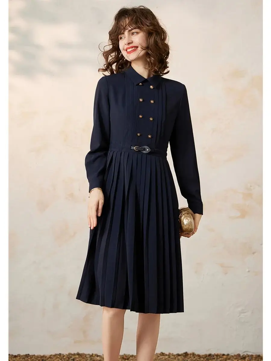 LOUIS YAO Pleated Long Women Dress 2024 Spring New Elegant Double Breasted Buckle Polo Neck Long Sleeve Slim Fit A-line Dress