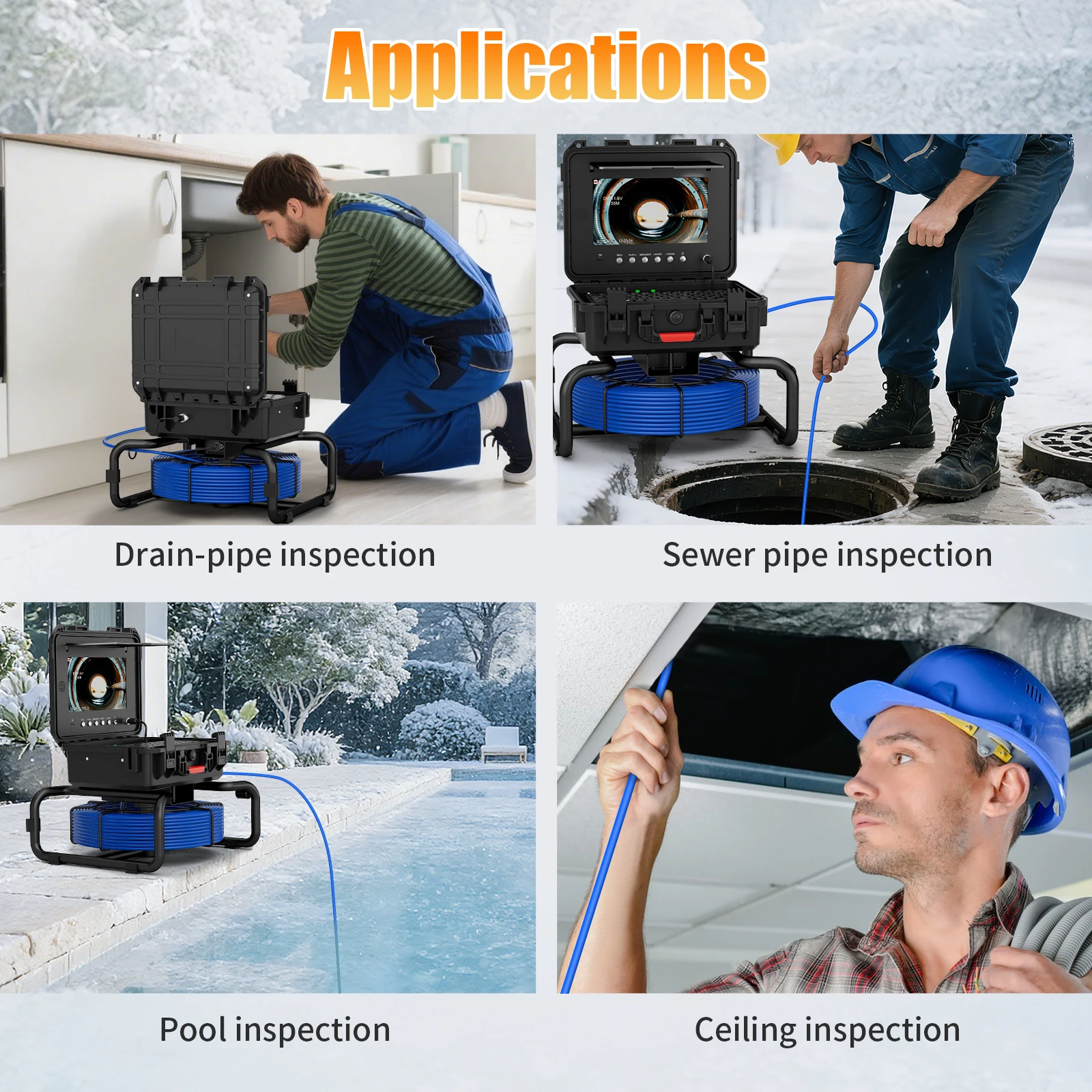 Câmera de inspeção de esgoto-câmera de esgoto com autonivelamento automático com localizador sem fio de 512 Hz, endoscópio de esgoto à prova d'água HD com 12 LEDs