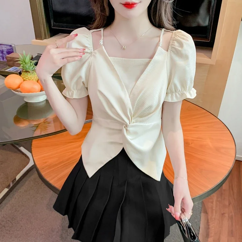 Women Summer Chiffon Blouses Casual 2024 Korean Fashion Clothes Puff Sleeve Crop Tops Sexy French Slim Elegant Ladies Shirts Y2k