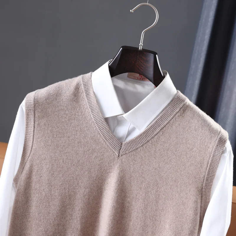 

Men Sweater Sleeveless 100% Australian Wool Knitted Vneck Jumpers Winter Autumn Warm Soft Pullovers Male Knitwears