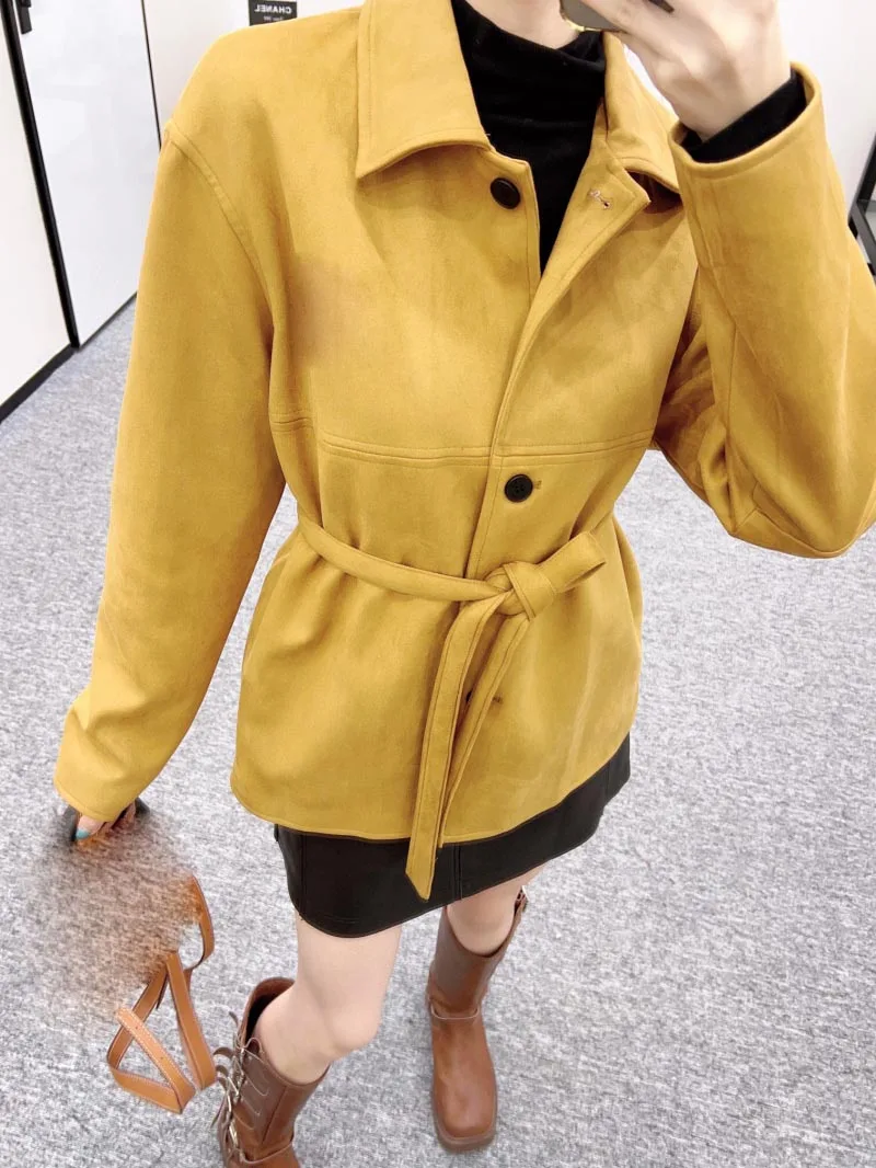 2024 Women's Soft Coat Autumn/Winter New Sports and Leisure Jacket Belt Women's Slim Waist Collar Khaki Coat