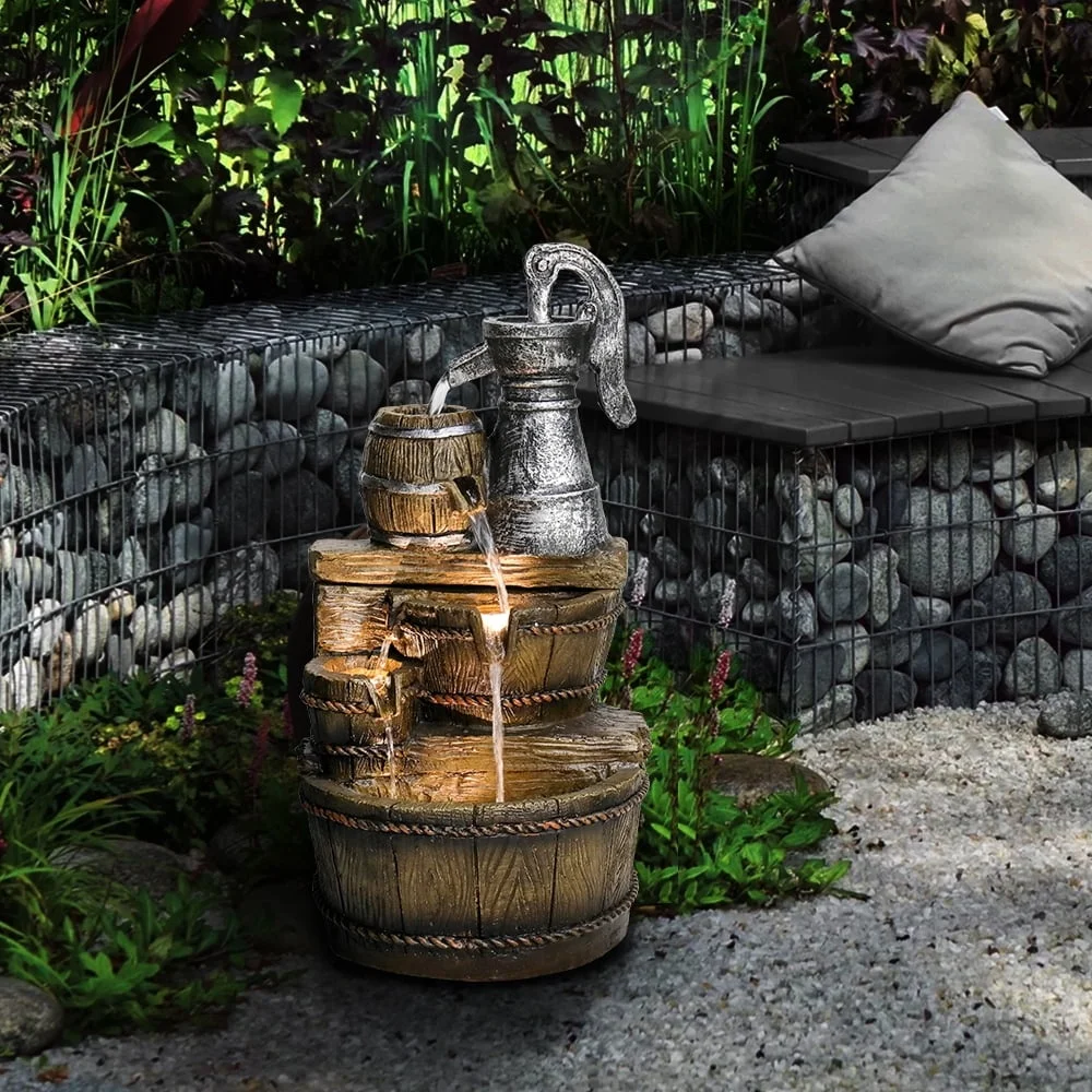 Fonte externa de barril de 5 camadas de 25,5 polegadas com luzes LED recurso de água rústica jardim pátio decoração de casa