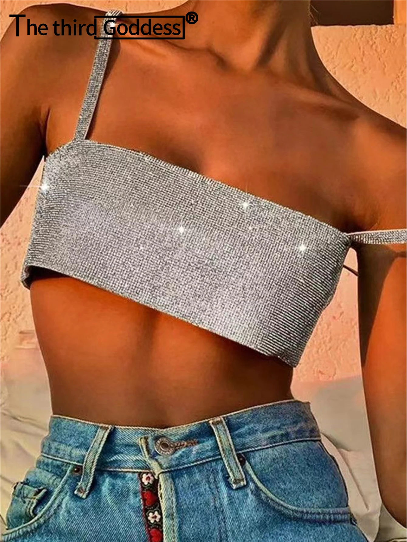 Imagem -04 - Top Cropped Feminino com Strass Cabana Sexy Top Cropped Roupa de Praia Glitter Top Halter Hotwife Festa de Clube Tops de Tubo Verão 2023