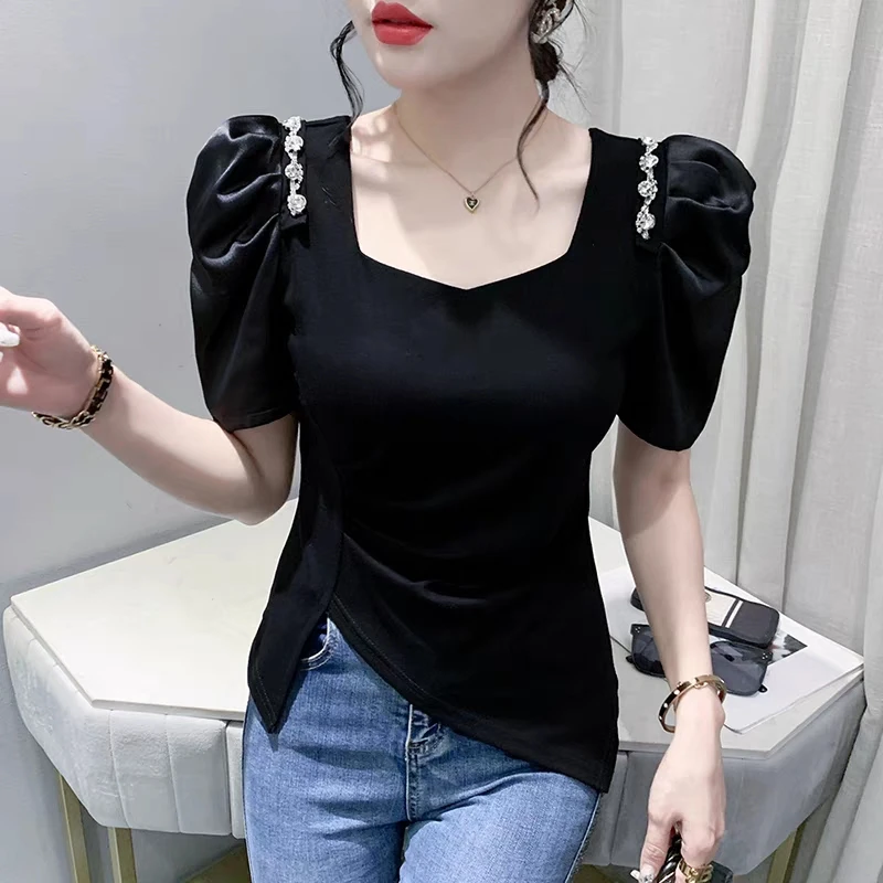 2023 Summer New Puff Short Sleeved Shiny Diamonds Casual T-shirt Women Korean Fashion Temperament Square Neck Female Tees Tops