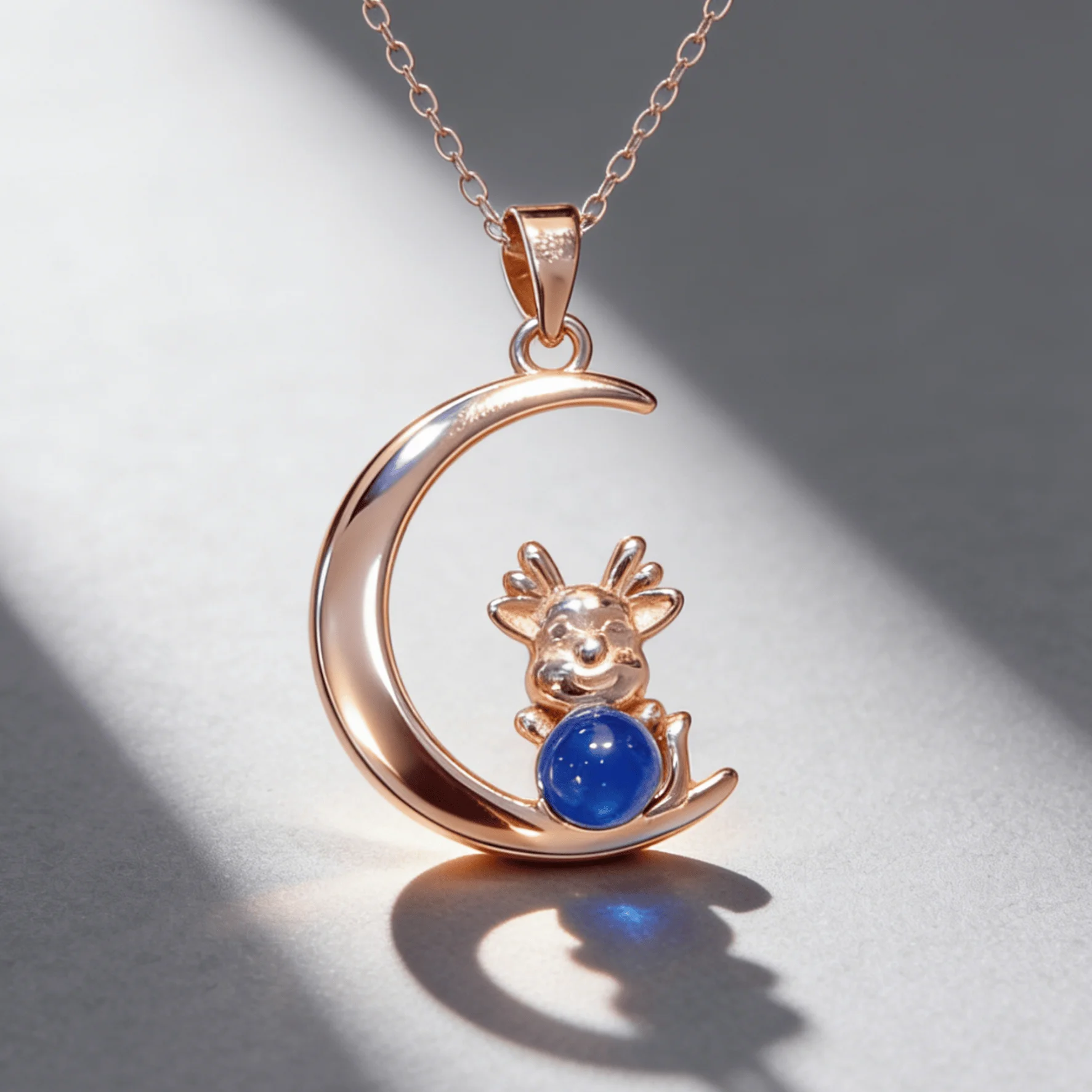 

925 Sterling Silver Natural Dominican Blue Amber Pendant Moon and Deer Fairy Tale Cute Dainty Jewelry