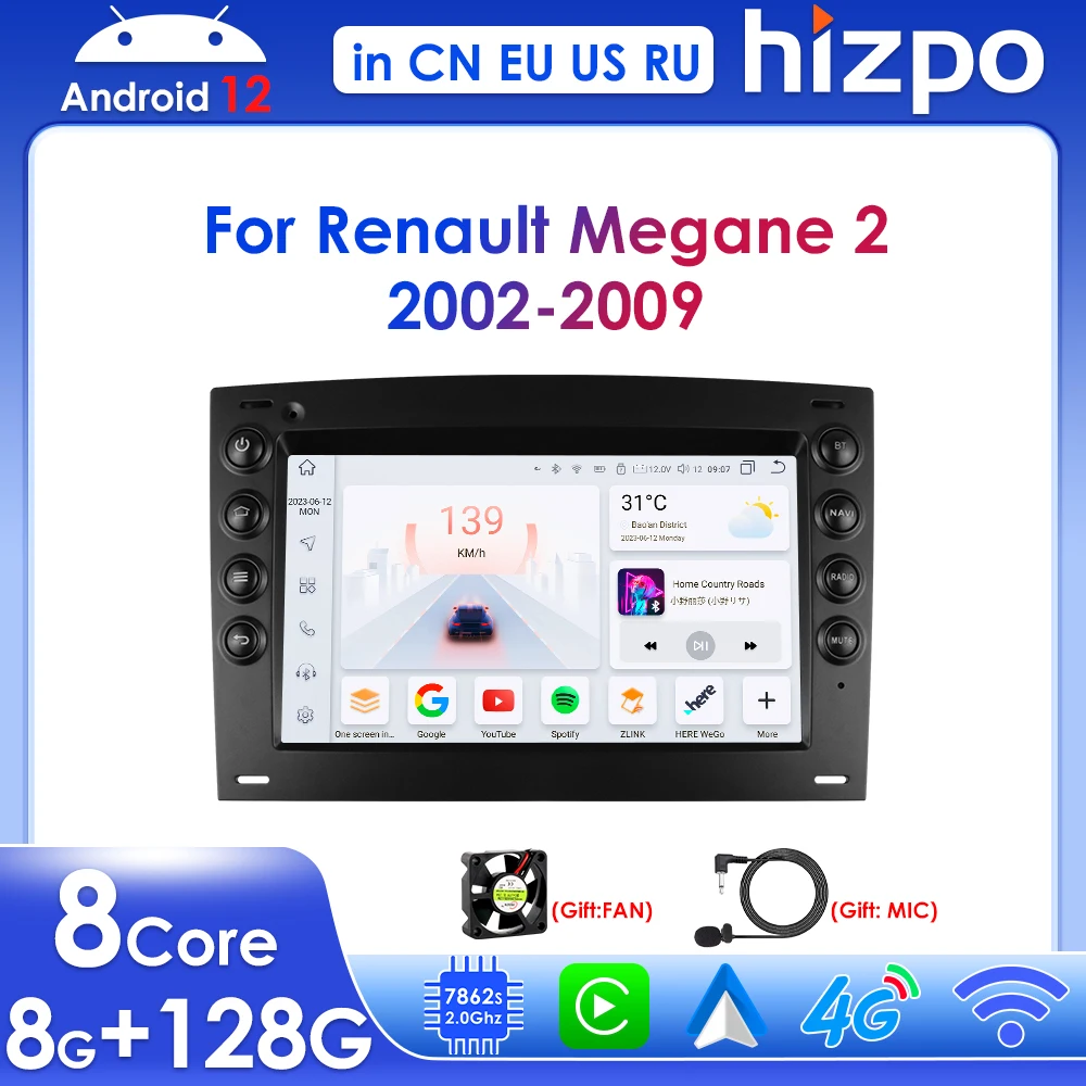 

Hizpo 7" Radio for Renault Megane 2 2002-2009 Android 12 Wireless Carplay Car Multimedia Player Stereo GPS Navi BT RDS DSP 2 Din