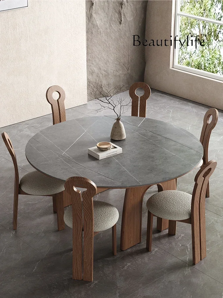 Retractable round solid wood rock slab dining table and chairs modern simple square and round dual-purpose high-end dining table