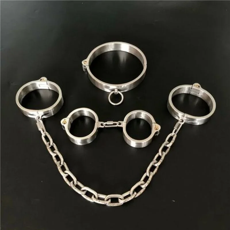 

Stainless Steel Lockable Neck Collar Hand Ankle Cuffs Slave BDSM Tool Bondage Handcuffs Leg Irons Restraints Sex Toy for Couples