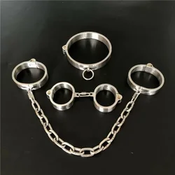 Stainless Steel Lockable Neck Collar Hand Ankle Cuffs Slave BDSM Tool Bondage Handcuffs Leg Irons Restraints Sex Toy for Couples