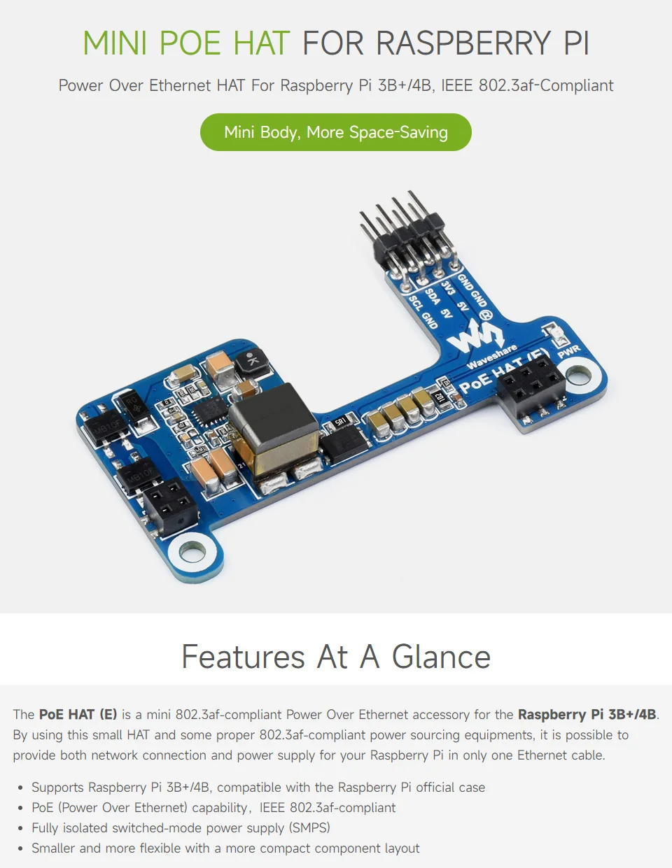Picture 3: Waveshare PoE HAT (E) Power Over Ethernet HAT for Raspberry Pi 3B+/4B, IEEE 802.3af-compliant, 5V 2.5A DC out
