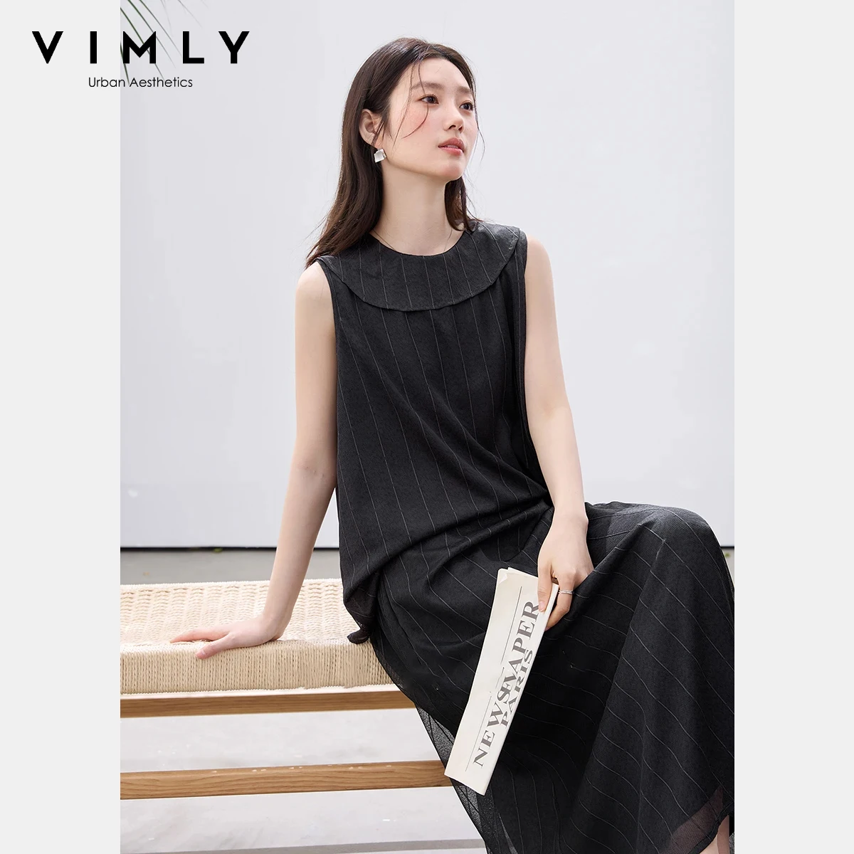 

VIMLY Women's Striped Two-Piece Set 2026 Summer New Ruffle Collar Sleeveless Top Midi Skirt Sets Elegant Casual Outfit A5172