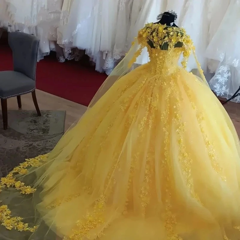 Yellow Quinceanera Dresses Appliques Long Train Flower Tull With Cape Sweet 15 16 Years Birthday Party Prom Dress Pageant Miss