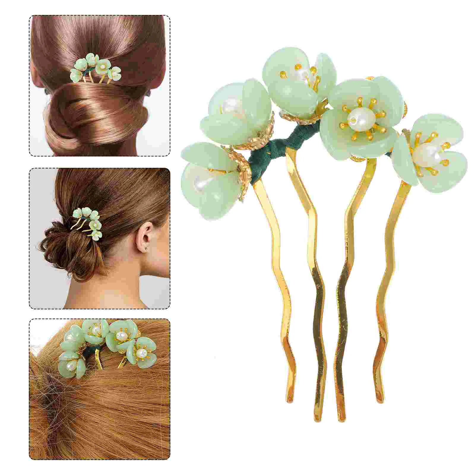 

Hairpin Chopstick Classic Handmade Ancient Decor Comb Natural Jade Flower Design Sticks Miss