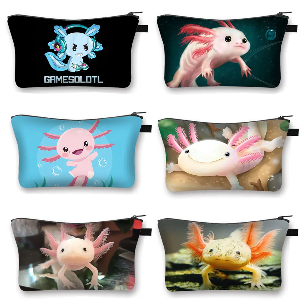 Cute Axolotl Cosmetic Case Gamesolotl Gamer Makeup Bags Kawaii Toiletries Organizers Small Handbag Girls Casual Cosmetic Bag