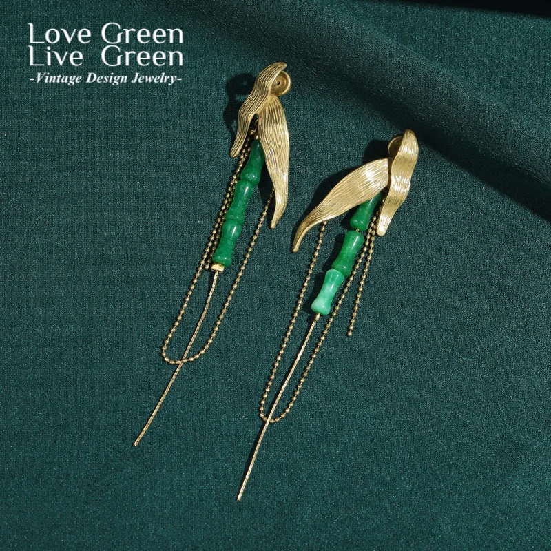 

Vintage Green Jade Bamboo Long Hanging Earrings Tassel Gold Color Leaves Chain Drop Dangle Jewlelry High Quality For Women 2025