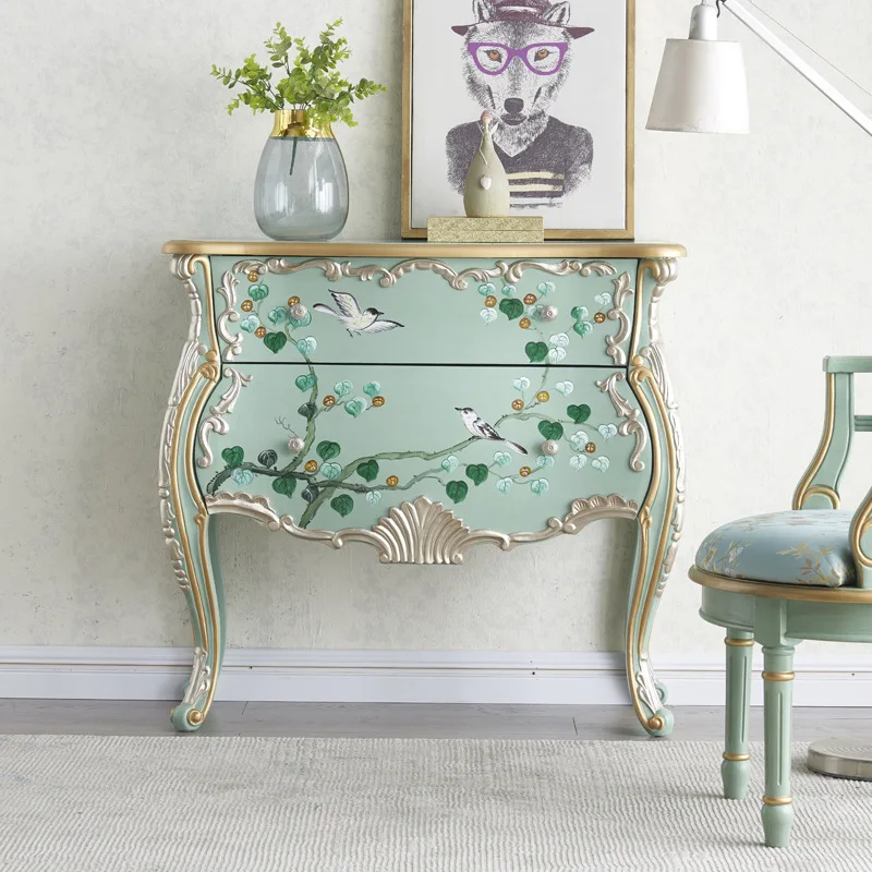 

Green Painted Bucket Cabinet Living Room Drawer Cabinet Solid Wood Wall Storage Locker Sub Bedside