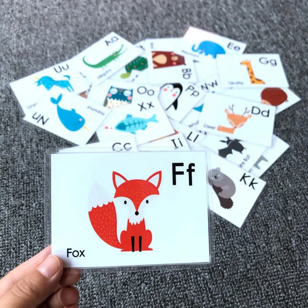 

26 Letters Flash Cards Waterproof Alphabet English Words Preschool Learning Animal Recognition Educational Cognitive Flashcard