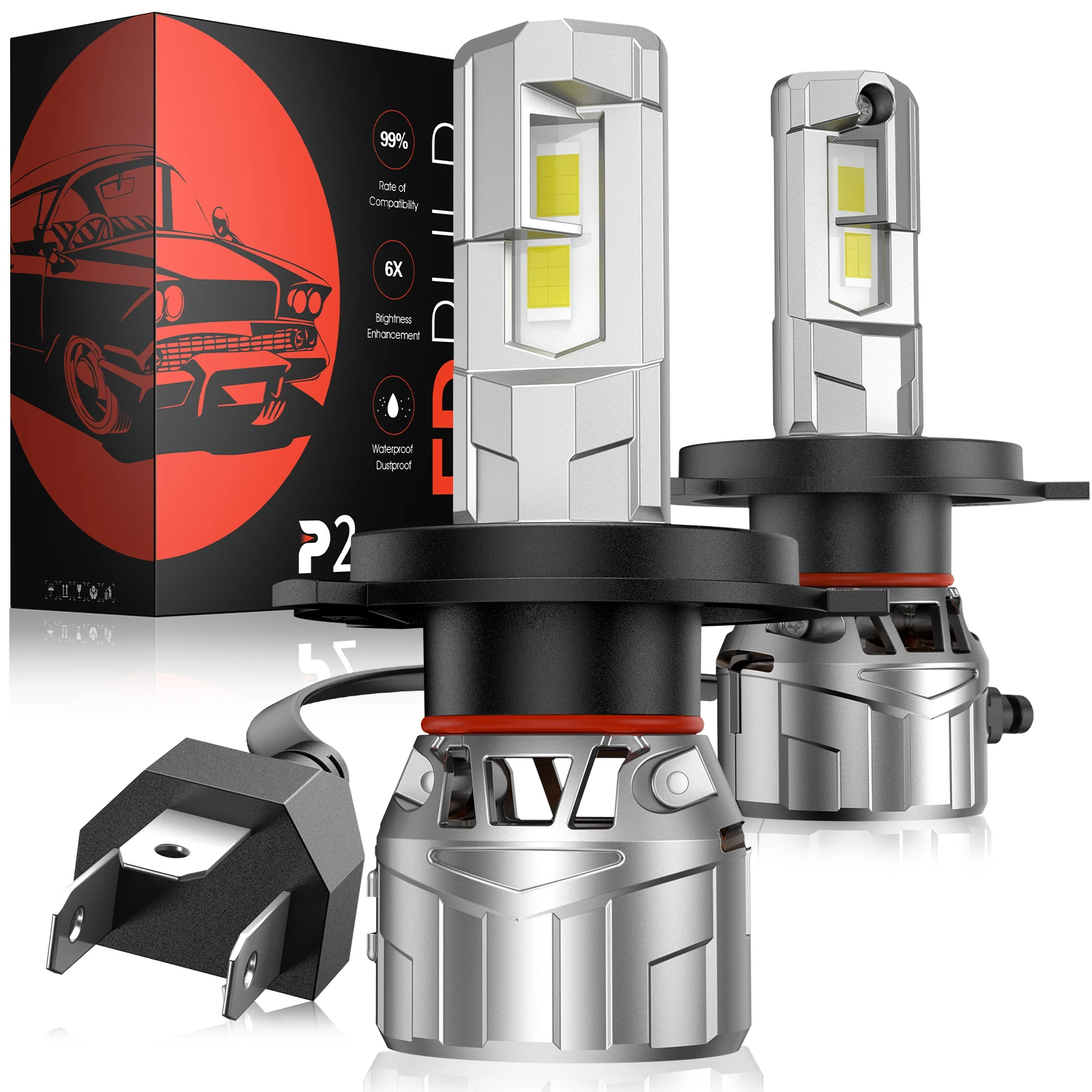 P2 Wide Voltage 9-32V H4/9003/HB2 Dual Light Source 130W 6500K White 40000LM IP68 LED Headlight Bulbs 2Pcs