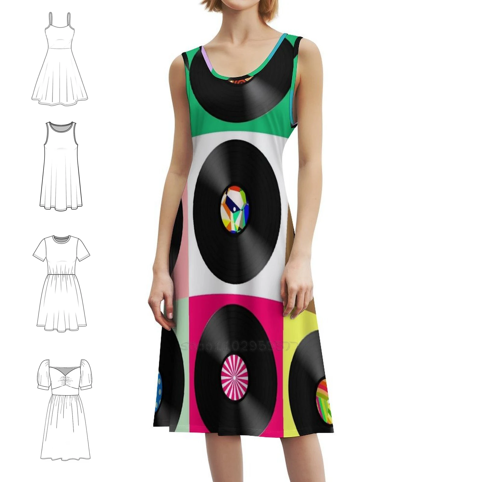 الستينات ريترو خمر الفينيل السجلات Preppy نمط فستان قصير للنساء ألف خط فضفاض صالح فستان يوم غير رسمي الموسيقى القرص الدوار الصوت