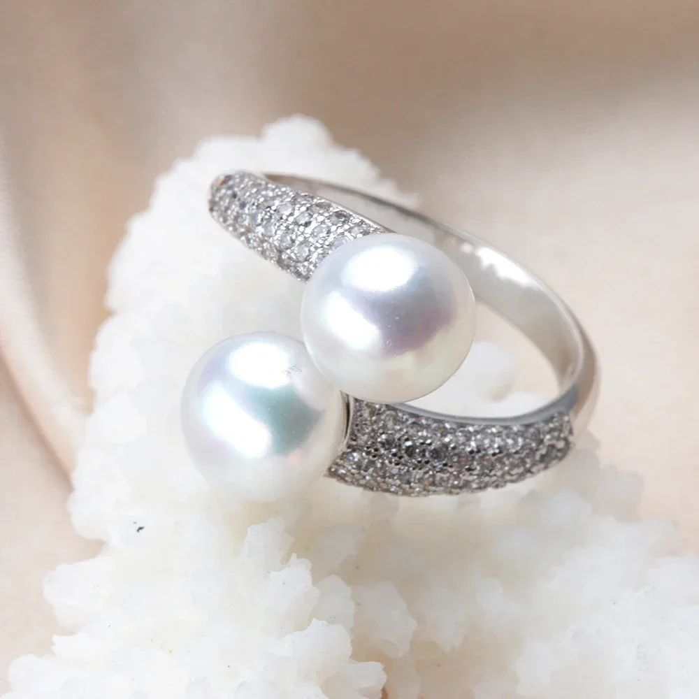 2025 New Double Pearl Adjustable Natural Freshwater Pearl Original 925 Sterling Silver Zircon Women's Ring Fine Bridal Jewelry