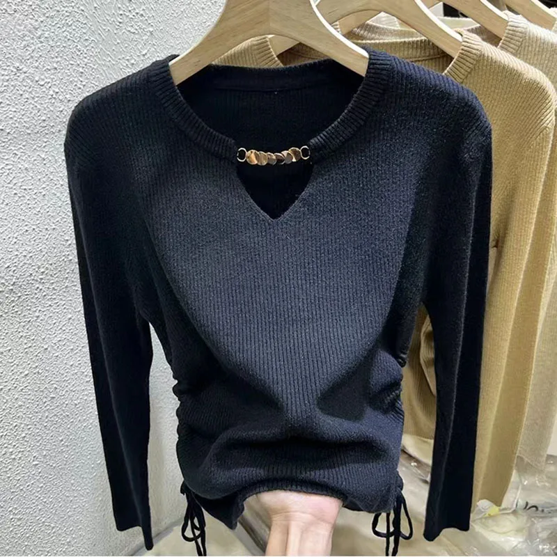 Suéter plisado de manga larga para mujer, ropa de punto, Top informal, elástico, Otoño e Invierno