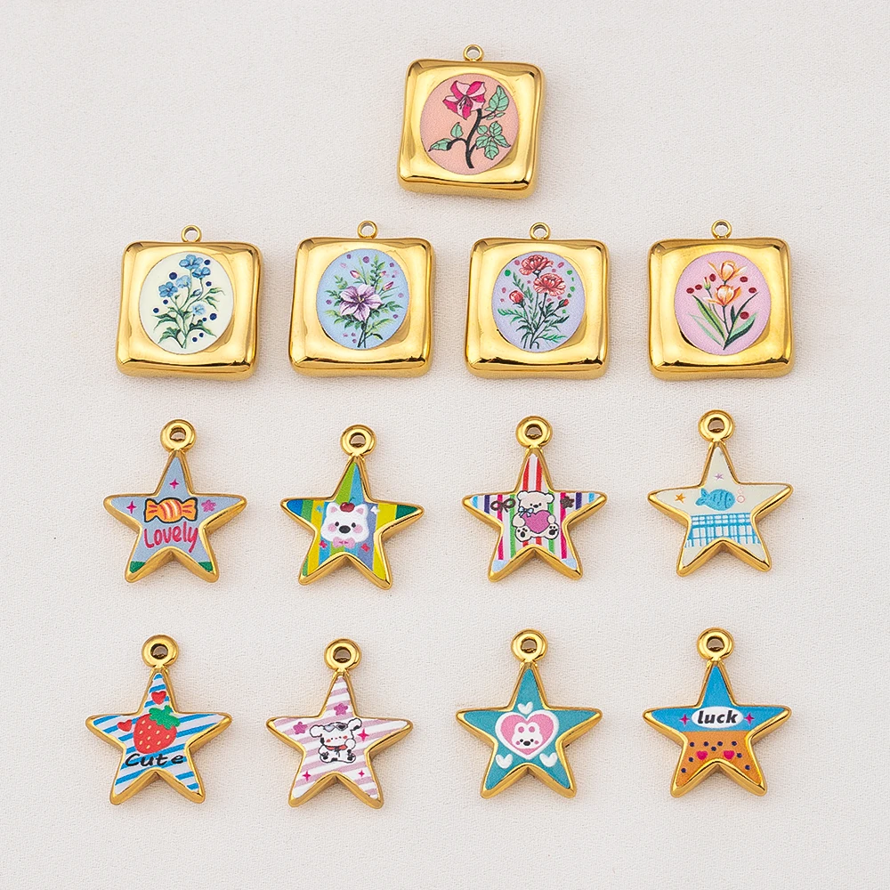 2Pcs Enamel Metal Cartoon Printed Pendants Flower Sea Creature Mixed Pattern Pendants Charms For Jewelry Making Accessories