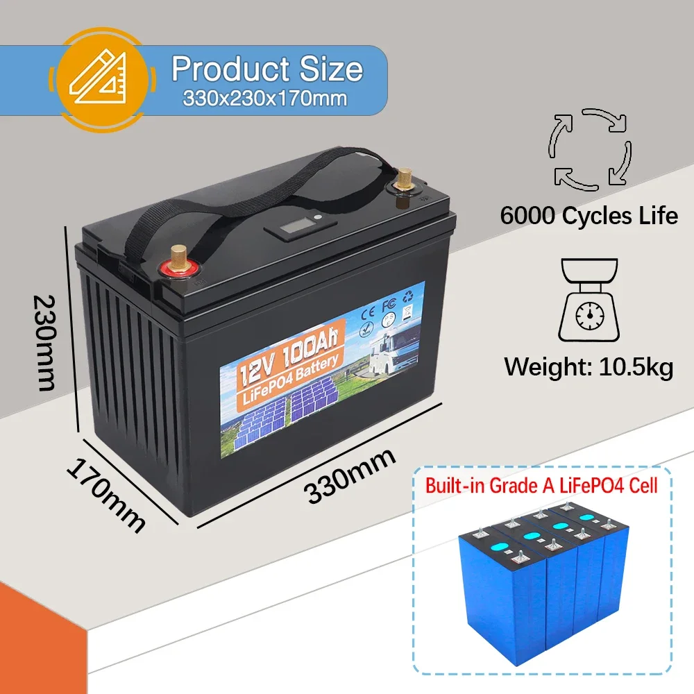 New 12V 100AH LiFePo4 Battery Built-in BMS Lithium Iron Phosphate Cells Pack 6000 Cycles For RV Campers Golf Cart Solar Storage