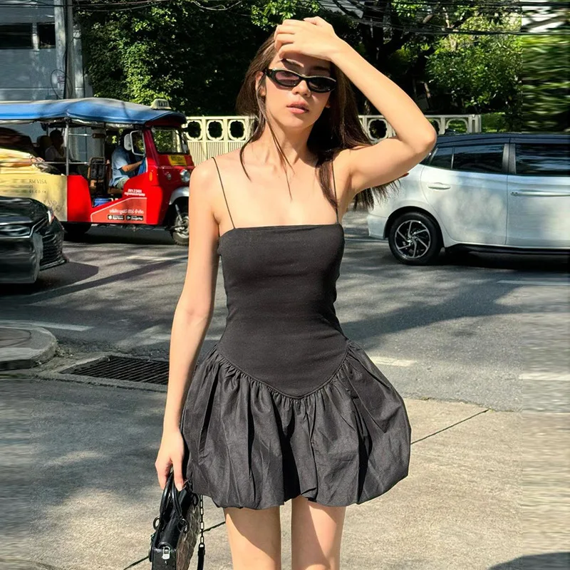 

Y2K Korean Women Clothing Vintage Gothic Sleeveless Backless Sexy Slim Pleated Streetwear Summer Short Bubble Dress